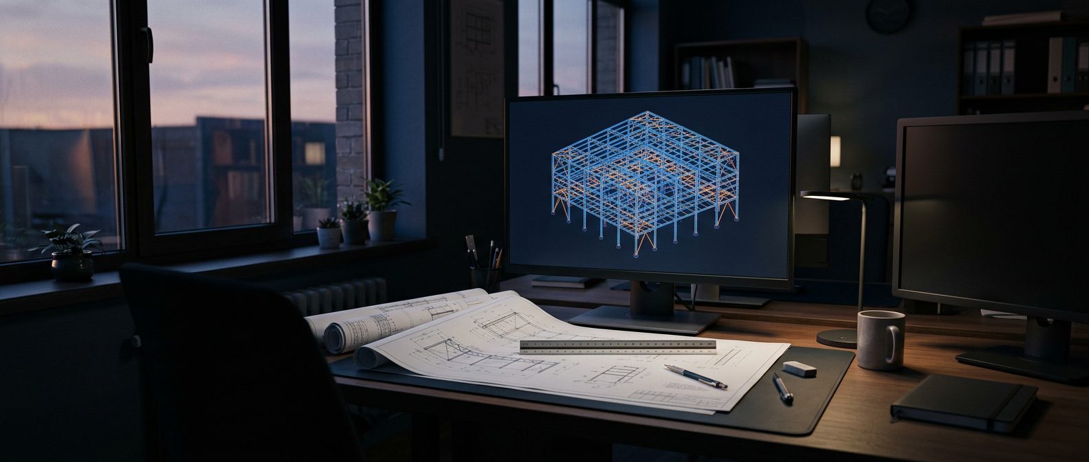 Engineering desk with a 3D steel structure model on the monitor