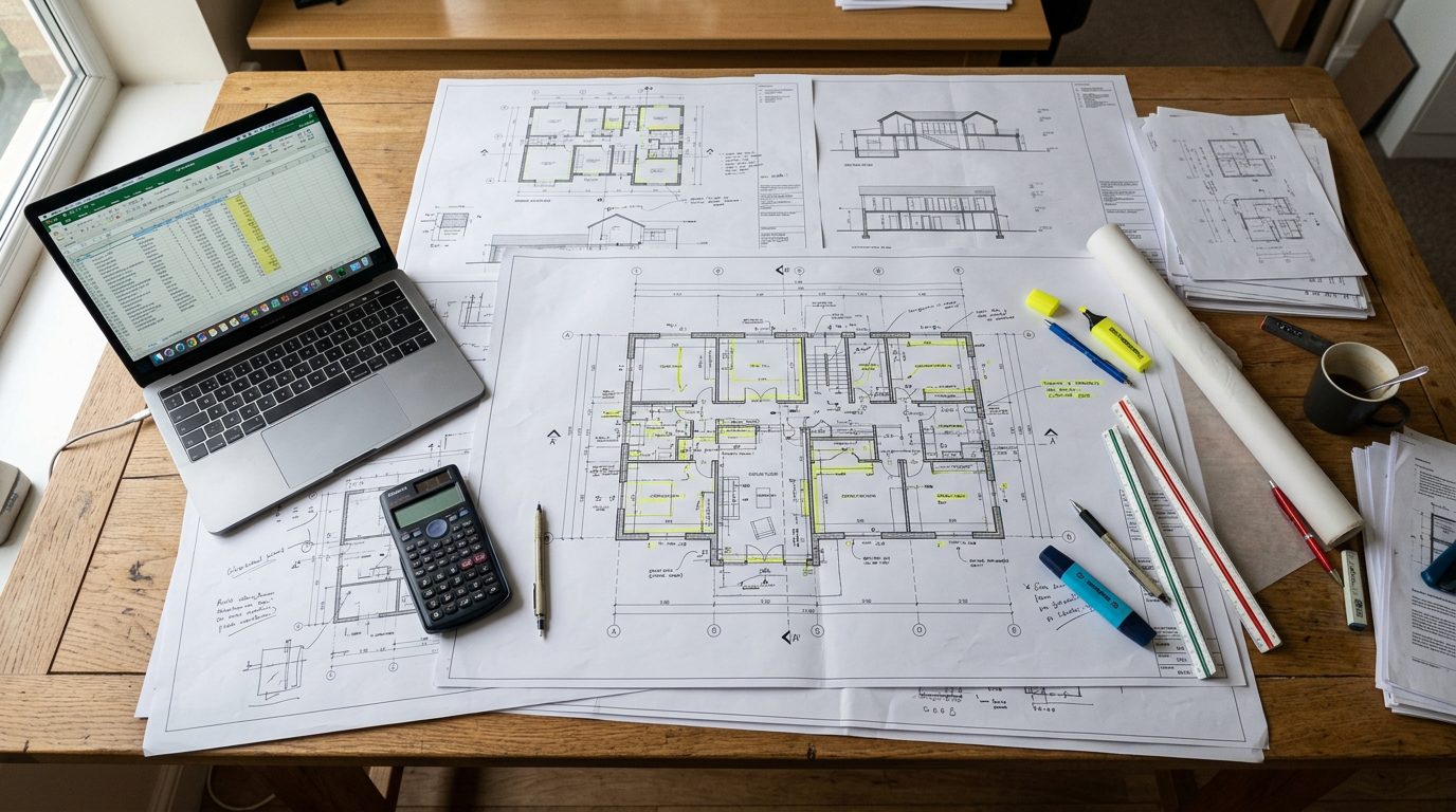 Construction drawings beside a quantity spreadsheet